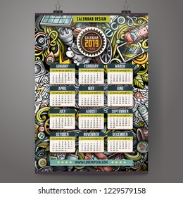 Cartoon colorful hand drawn doodles Electric cars 2019 year calendar template. English, Sunday start. Very detailed, with lots of objects illustration. Funny vector artwork.