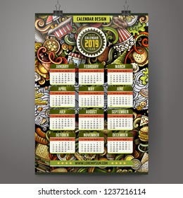 Cartoon colorful hand drawn doodles Fastfood 2019 year calendar template. English, Sunday start. Very detailed, with lots of objects illustration. Funny vector artwork.