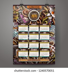 Cartoon colorful hand drawn doodles Hairstyle 2019 year calendar template. English, Sunday start. Very detailed, with lots of objects illustration. Funny vector artwork.