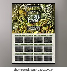 Cartoon colorful hand drawn doodles Beer fest 2020 year calendar template. English, Sunday start. Very detailed, with lots of objects illustration. Funny vector artwork.