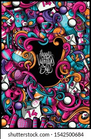 Cartoon colorful hand drawn doodles Love poster template. Very detailed, with lots of objects illustration. Funny vector artwork. Corporate identity design