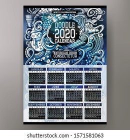 Cartoon colorful hand drawn doodles Winter 2020 year calendar template. English, Sunday start. Very detailed, with lots of objects illustration. Funny vector artwork.