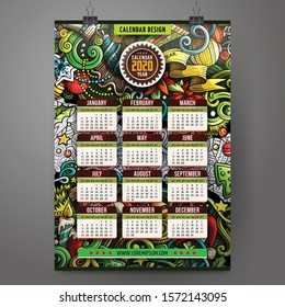 Cartoon colorful hand drawn doodles Christmas 2020 year calendar template. English, Sunday start. Very detailed, with lots of objects illustration. Funny vector artwork.