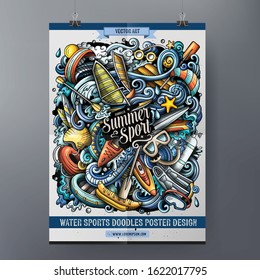 Cartoon colorful hand drawn doodles Water Sports poster template. Very detailed, with lots of objects illustration. Funny vector artwork