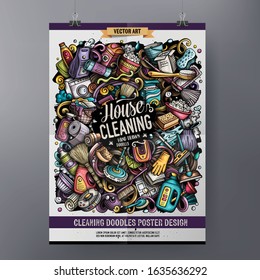 Cartoon colorful hand drawn doodles Cleaning poster template. Very detailed, with lots of objects illustration. Funny vector artwork