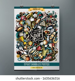 Cartoon colorful hand drawn doodles Sports poster template. Very detailed, with lots of objects illustration. Funny vector artwork