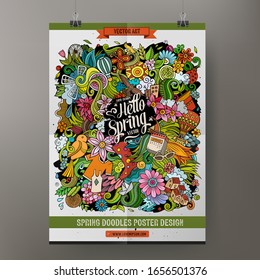 Cartoon colorful hand drawn doodles Spring poster template. Very detailed, with lots of objects illustration. Funny vector artwork