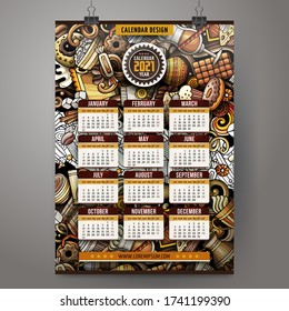 Cartoon colorful hand drawn doodles Coffee 2021 year calendar template. English, Sunday start. Very detailed, with lots of objects illustration. Funny vector artwork.