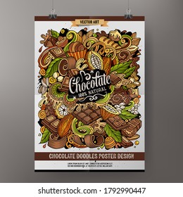 Cartoon colorful hand drawn doodles Chocolate poster template. Very detailed, with lots of objects illustration. Funny vector artwork