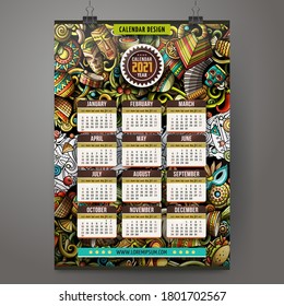 Cartoon colorful hand drawn doodles Latin America 2021 year calendar template. English, Sunday start. Very detailed, with lots of objects illustration. Funny vector artwork.