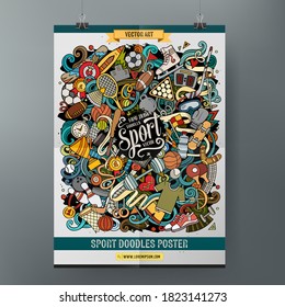 Cartoon colorful hand drawn doodles. Sports poster template. Very detailed, with lots of objects illustration. Funny vector artwork