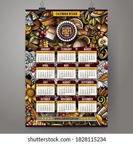 Cartoon colorful hand drawn doodles Thanksgiving 2021 year calendar template. English, Sunday start. Very detailed, with lots of objects illustration. Funny vector artwork.
