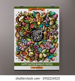 Cartoon colorful hand drawn doodles Happy Easter poster template. Very detailed illustration. Funny vector artwork. Corporate identity design.