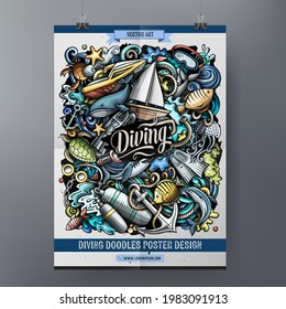 Cartoon colorful hand drawn doodles Diving poster template. Very detailed illustration. Funny vector artwork. Corporate identity design.