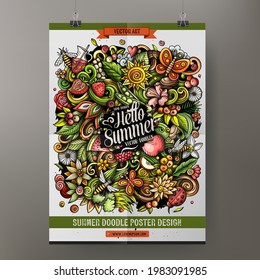 Cartoon colorful hand drawn doodles Summer nature poster template. Very detailed illustration. Funny vector artwork. Corporate identity design.