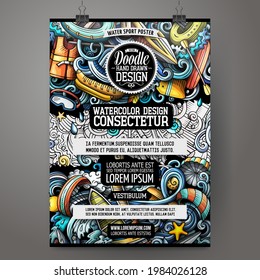Cartoon colorful hand drawn doodles Water Sports poster template. Very detailed, with lots of objects illustration. Funny vector artwork