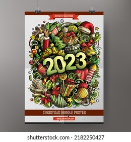 Cartoon colorful hand drawn doodles 2023 Happy New Year poster template. Very detailed illustration. Funny vector artwork. Corporate identity design