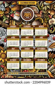 Cartoon colorful hand drawn doodles Thanksgiving 2023 year calendar template. English, Sunday start. Very detailed, with lots of objects illustration. Funny vector artwork.