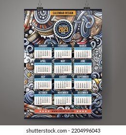 Cartoon colorful hand drawn doodles Winter 2023 year calendar template. English, Sunday start. Very detailed, with lots of objects illustration. Funny vector artwork.