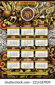 Cartoon colorful hand drawn doodles Africa 2023 year calendar template. English, Sunday start. Very detailed, with lots of objects illustration. Funny vector artwork.