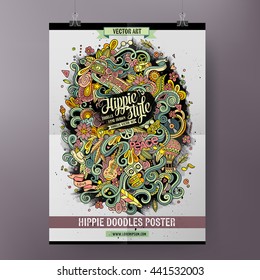 Cartoon colorful hand drawn doodles hippie poster template. Very detailed, with lots of objects illustration. Funny vector artwork. Corporate identity design.