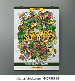 Cartoon colorful hand drawn doodles Summer poster template. Very detailed, with lots of objects illustration. Funny vector artwork. Corporate identity design