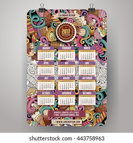 Cartoon colorful hand drawn doodles Ice cream 2017 year calendar template. English, Sunday start. Very detailed, with lots of objects illustration. Funny vector artwork. 