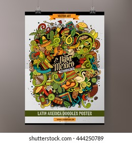 Cartoon colorful hand drawn doodles Latin America poster template. Very detailed, with lots of objects illustration. Funny vector artwork. Corporate identity design.