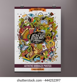 Cartoon colorful hand drawn doodles Art poster template. Very detailed, with lots of objects illustration. Funny vector artwork. Corporate identity design.
