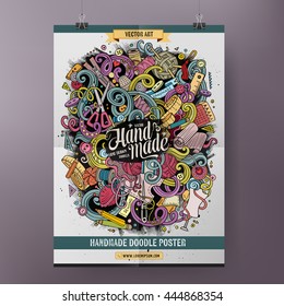 Desenhos animados coloridos mão desenhada doodles modelo de cartaz artesanal. Muito detalhado, com muitos objetos ilustração. Arte vetorial engraçada. Design de identidade corporativa.