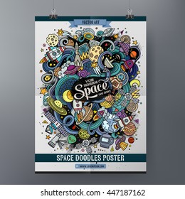 Cartoon colorful hand drawn doodles space poster template. Very detailed, with lots of objects illustration. Funny vector artwork. Corporate identity design.