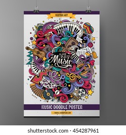Cartoon colorful hand drawn doodles musical poster template. Very detailed, with lots of music objects illustration. Funny vector artwork. Corporate identity design.