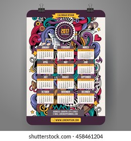 Cartoon colorful hand drawn doodles Musical 2017 year calendar template. English, Sunday start. Very detailed, with lots of objects illustration. Funny vector artwork. 
