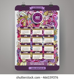 Cartoon colorful hand drawn doodles Wedding 2017 year calendar template. English, Sunday start. Very detailed, with lots of objects illustration. Funny vector artwork.