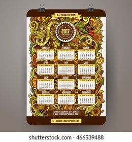 Cartoon colorful hand drawn doodles Africa 2017 year calendar template. English, Sunday start. Very detailed, with lots of objects illustration. Funny vector artwork.