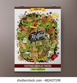 Cartoon colorful hand drawn doodles Fast food poster template. Very detailed, with lots of objects illustration. Funny vector artwork. Corporate identity design.