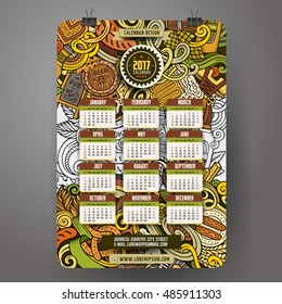 Cartoon colorful hand drawn doodles Beer 2017 year calendar template. English, Sunday start. Very detailed, with lots of objects illustration. Funny vector artwork.