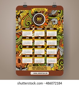 Cartoon colorful hand drawn doodles Honey 2017 year calendar template. English, Sunday start. Very detailed, with lots of objects illustration. Funny vector artwork