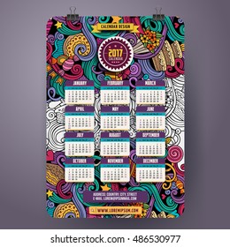 Cartoon colorful hand drawn doodles Holidays 2017 year calendar template. English, Sunday start. Very detailed, with lots of objects illustration. Funny vector artwork