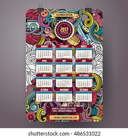 Cartoon colorful hand drawn doodles Handmade 2017 year calendar template. English, Sunday start. Very detailed, with lots of objects illustration. Funny vector artwork.