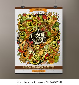 Cartoon colorful hand drawn doodles Mexican food poster template. Very detailed, with lots of objects illustration. Funny vector artwork. Corporate identity design.