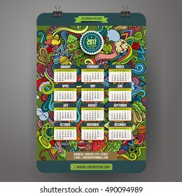 Cartoon colorful hand drawn doodles Christmas 2017 year calendar template. English, Sunday start. Very detailed, with lots of objects illustration. Funny vector artwork
