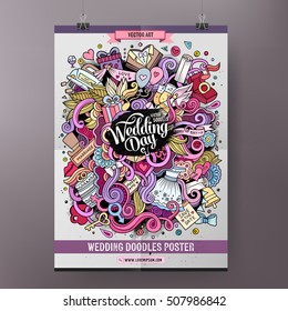 Cartoon colorful hand drawn doodles Wedding poster template. Very detailed, with lots of objects illustration. Funny vector artwork. Corporate identity design