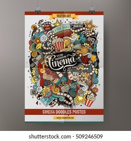 Cartoon colorful hand drawn doodles cinema poster template. Very detailed, with lots of objects illustration. Funny vector artwork. Corporate identity design.