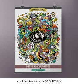 Cartoon colorful hand drawn doodles Photo poster template. Very detailed, with lots of objects illustration. Funny vector artwork. Corporate identity design.