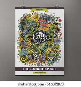 Cartoon colorful hand drawn doodles Electric cars poster template. Very detailed, with lots of objects illustration. Funny vector artwork. Corporate identity design 