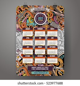 Cartoon colorful hand drawn doodles Hair salon 2017 year calendar template. English, Sunday start. Very detailed, with lots of objects illustration. Funny vector artwork