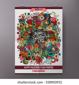 Cartoon colorful hand drawn doodles Love poster template. Very detailed, with lots of objects illustration. Funny vector artwork. Corporate identity design