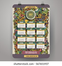 Cartoon colorful hand drawn doodles Idea 2017 year calendar template. English, Sunday start. Very detailed, with lots of objects illustration. Funny vector artwork 