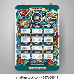 Cartoon colorful hand drawn doodles Sport 2017 year calendar template. English, Sunday start. Very detailed, with lots of objects illustration. Funny vector artwork